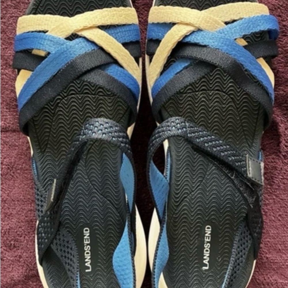 Lands' End Women's Comfort Sport Knit Sandals in Deep Sea Navy Multi Size 10